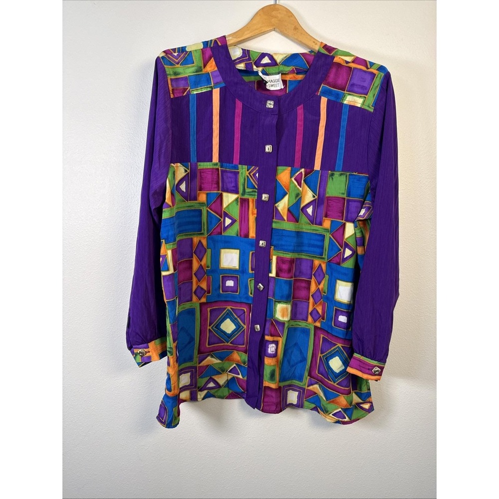 Vintage  Maggie Sweet Blouse button purple geometric XL long-sleeved collared